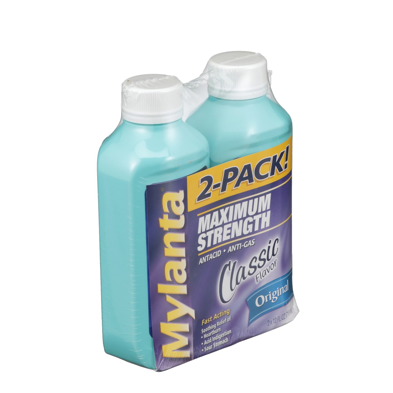 Two-pack of Mylanta bottles in shrink wrap